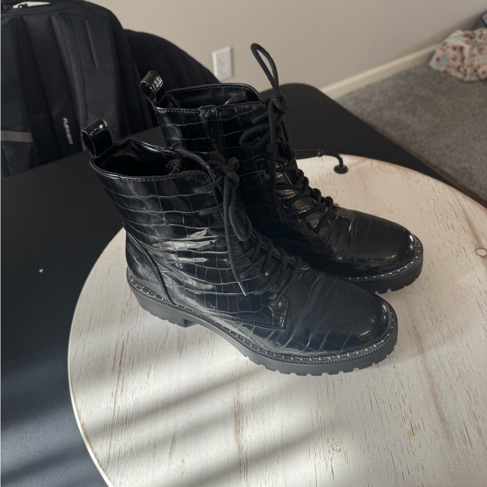 Glossy Black Croc-Embossed Lace-Up Boots